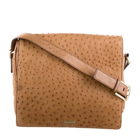 FINAL MARKDOWN Salvatore Ferragamo tan ostrich skin messenger crossbody bag#348